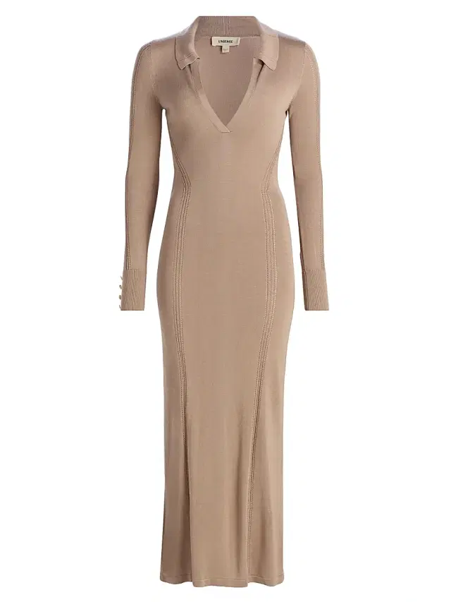 L'AGENCE Women's Delma Open Collar Knit Maxi Dress - Almond