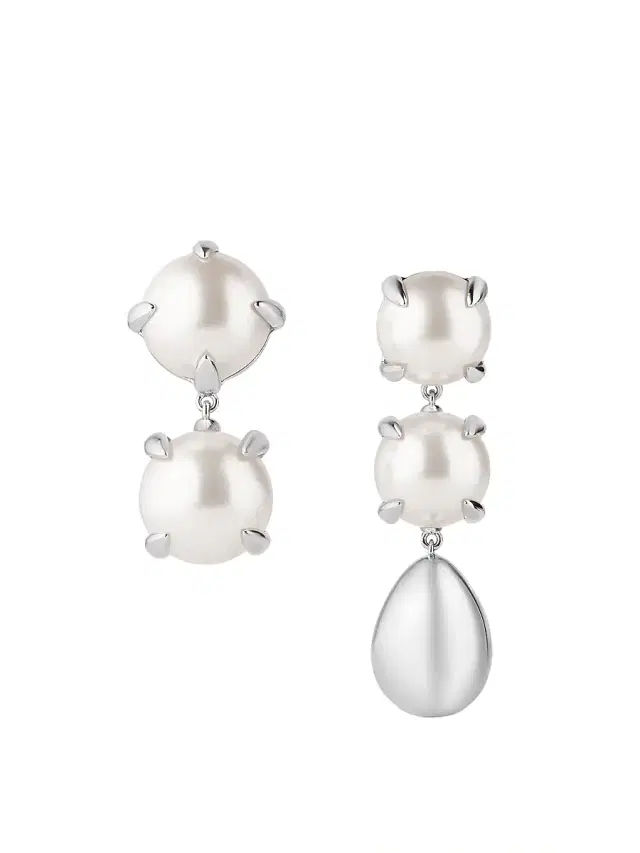 Women's Spiky Pearl Asymmetric Earrings in Metal and Pearls - Silver