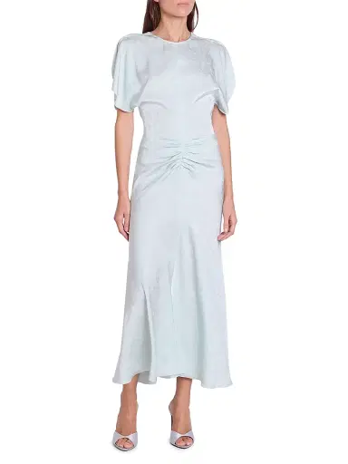 Victoria Beckham Women's Gathered Waist Burnout Velvet Midi-Dress - Aquamarine - Size 0 | Thumbnail 3 Victoria Beckham Women's Gathered Waist Burnout Velvet Midi-Dress - Aquamarine - Size 0 | Thumbnail 3