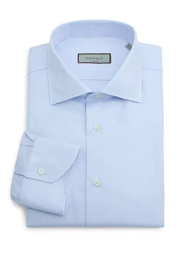 Canali Men's Solid Mini Pique Dress Shirt - Blue | Thumbnail 1 Canali Men's Solid Mini Pique Dress Shirt - Blue | Thumbnail 1