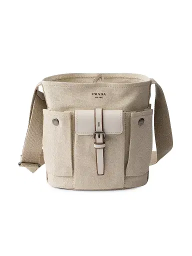 Prada Women's Route Mini Canvas and Leather Bucket Bag - Beige Khaki | Thumbnail 1 Prada Women's Route Mini Canvas and Leather Bucket Bag - Beige Khaki | Thumbnail 1