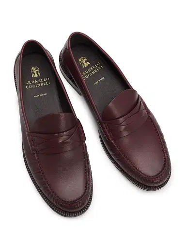 Brunello Cucinelli Men's Leather Braided Strap Loafers - Burgundy - Size 7 | Thumbnail 4