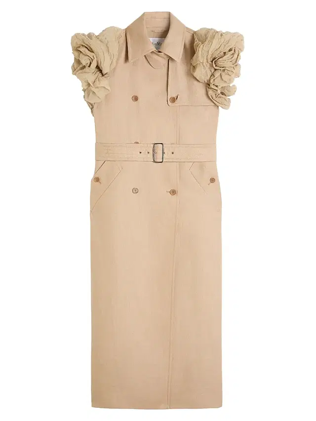 Max Mara Women's Sleeveless Trench Coat in Linen Basketweave with Ruffles - Camel