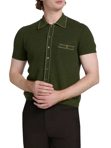 Versace Men's Cotton Button-Front Short-Sleeve Sweater - Dark Olive | Thumbnail 3 Versace Men's Cotton Button-Front Short-Sleeve Sweater - Dark Olive | Thumbnail 3