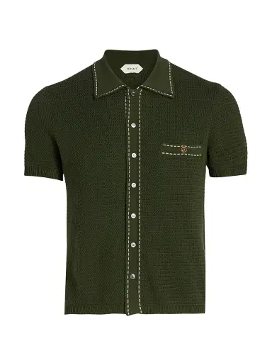 Versace Men's Cotton Button-Front Short-Sleeve Sweater - Dark Olive | Thumbnail 1 Versace Men's Cotton Button-Front Short-Sleeve Sweater - Dark Olive | Thumbnail 1