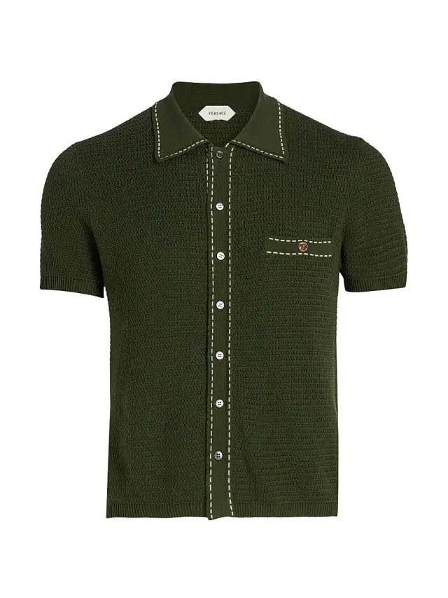 Versace Men's Cotton Button-Front Short-Sleeve Sweater - Dark Olive