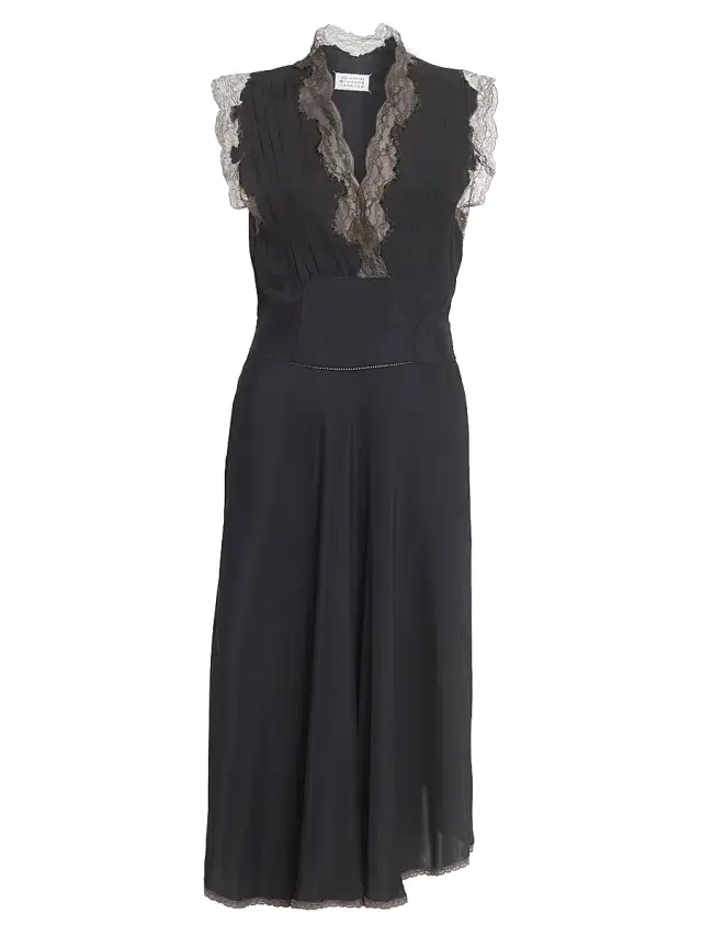 Women's Lace-Trimmed Matte Satin Midi-Dress - Black