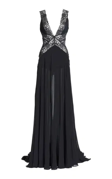 Elie Saab Double Georgette & Lace Long Dress | Thumbnail 2