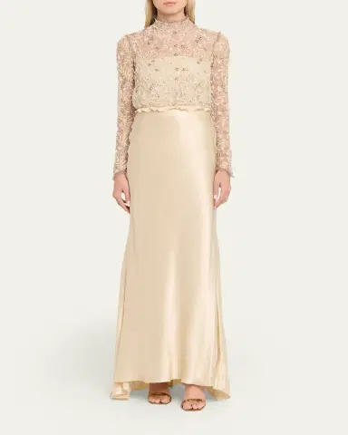 Valentino Garavani Embroidered Lace Long-Sleeve Silk Gown | Thumbnail 2