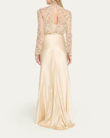 Valentino Garavani Embroidered Lace Long-Sleeve Silk Gown | Thumbnail 3