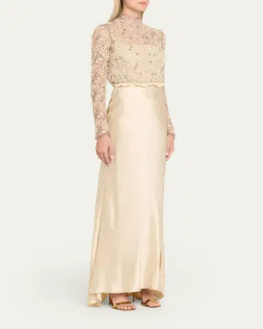 Valentino Garavani Embroidered Lace Long-Sleeve Silk Gown | Thumbnail 4