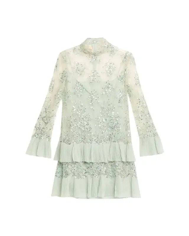 Valentino Garavani Floral Embroidered Long-Sleeve Ruffle Mini Dress