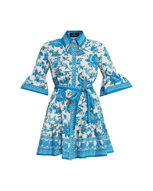 Floral Cotton Ruffle Belted Mini Shirtdress