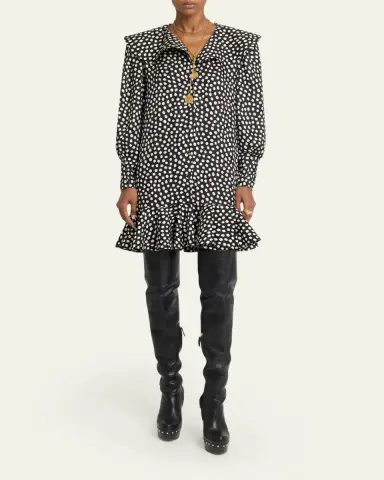 Chloé Dots-Print Silk Jacquard Capelet Long-Sleeve Mini Dress | Thumbnail 2 Chloé Dots-Print Silk Jacquard Capelet Long-Sleeve Mini Dress | Thumbnail 2