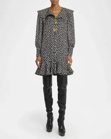 Chloé Dots-Print Silk Jacquard Capelet Long-Sleeve Mini Dress | Thumbnail 6 Chloé Dots-Print Silk Jacquard Capelet Long-Sleeve Mini Dress | Thumbnail 6