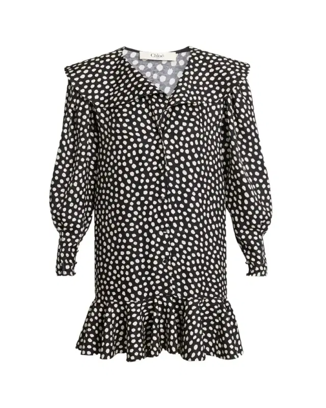 Chloe Dots-Print Silk Jacquard Capelet Long-Sleeve Mini Dress