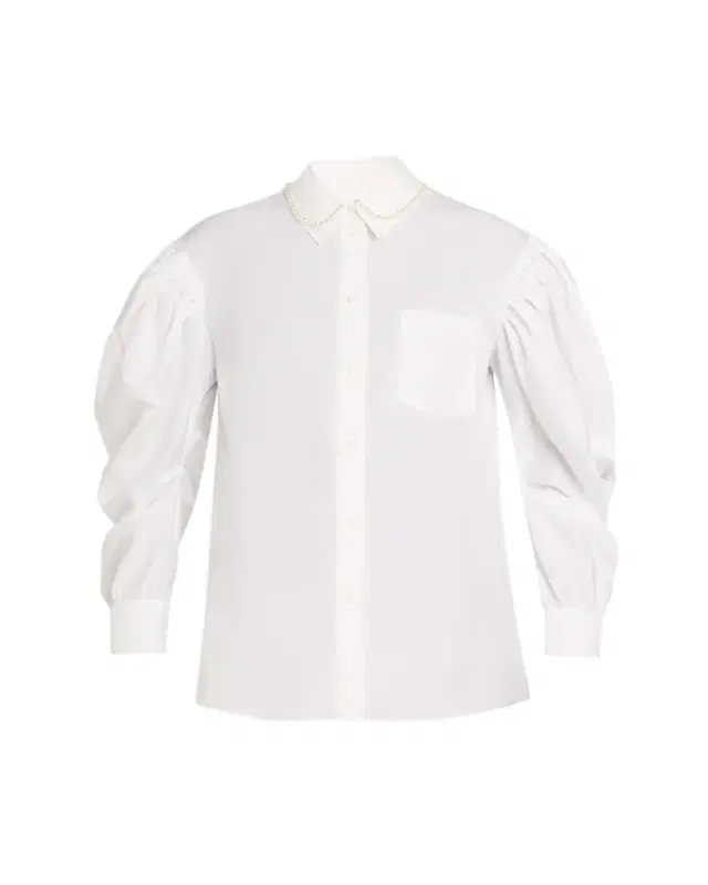 Pearly-Collar Draped-Sleeve Cotton Button-Down Shirt