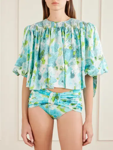 Chloé Cropped Smocked Floral-print Silk-jacquard Blouse | Thumbnail 2