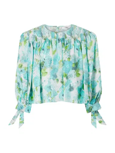 Chloé Cropped Smocked Floral-print Silk-jacquard Blouse | Thumbnail 1