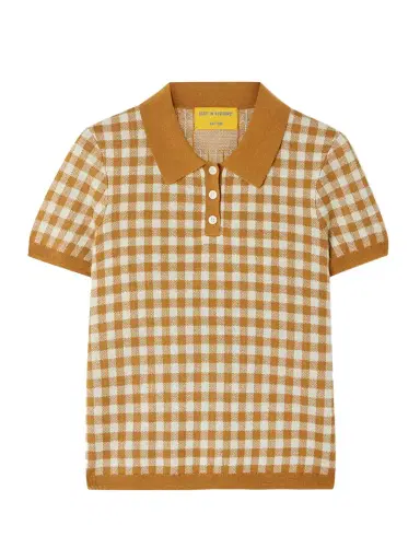 Guest In Residence Cropped Gingham Silk And Linen-blend Jacquard Polo Shirt | Thumbnail 1 Guest In Residence Cropped Gingham Silk And Linen-blend Jacquard Polo Shirt | Thumbnail 1