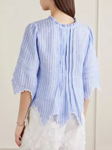 Loretta Caponi Matilde Scalloped Shirred Striped Linen Shirt | Thumbnail 3 Loretta Caponi Matilde Scalloped Shirred Striped Linen Shirt | Thumbnail 3