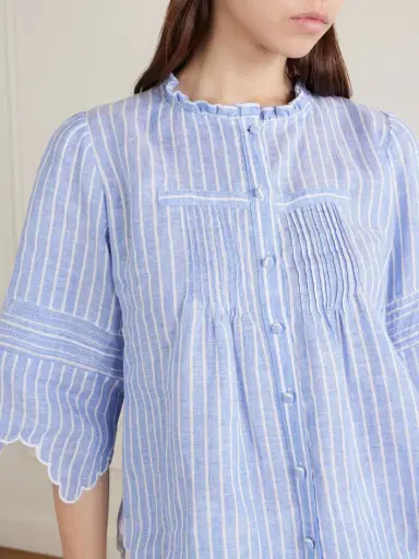 Loretta Caponi Matilde Scalloped Shirred Striped Linen Shirt | Thumbnail 4 Loretta Caponi Matilde Scalloped Shirred Striped Linen Shirt | Thumbnail 4