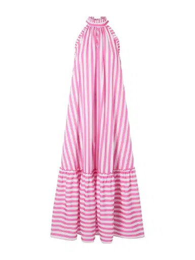Loretta Caponi Melinda Ruched Striped Cotton-poplin Halterneck Maxi Dress | Thumbnail 1 Loretta Caponi Melinda Ruched Striped Cotton-poplin Halterneck Maxi Dress | Thumbnail 1