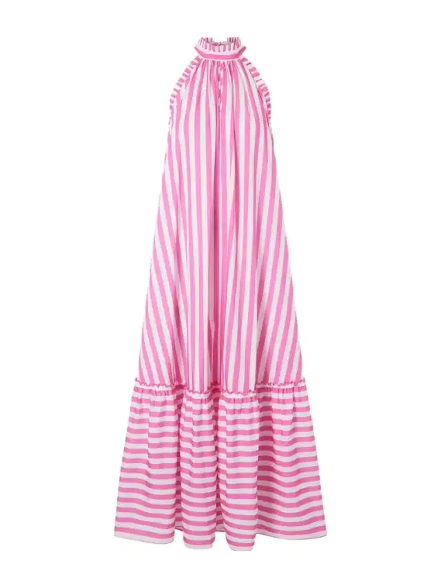 Melinda Ruched Striped Cotton-poplin Halterneck Maxi Dress