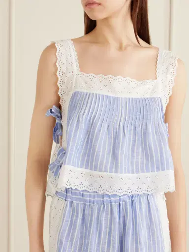 Loretta Caponi Fiocchini Pleated Striped Broderie Anglaise-trimmed Linen Top | Thumbnail 4 Loretta Caponi Fiocchini Pleated Striped Broderie Anglaise-trimmed Linen Top | Thumbnail 4