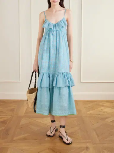 Eka Teek Ruffled Tiered Checkered Cotton Silk Dress | Thumbnail 2