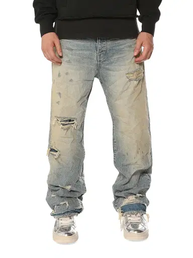 Purple Brand Men's Antique Distressed Mid-Rise Baggy Jeans - Light Indigo | Thumbnail 1