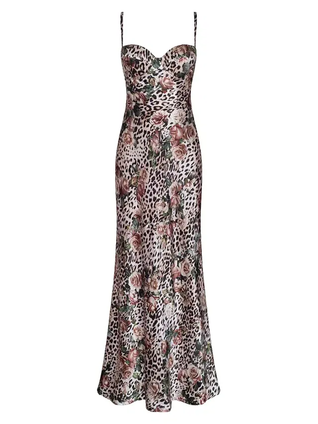 Women's Sayla Leopard Rose Printed Silk Gown - Multi Large Rose Cheetah