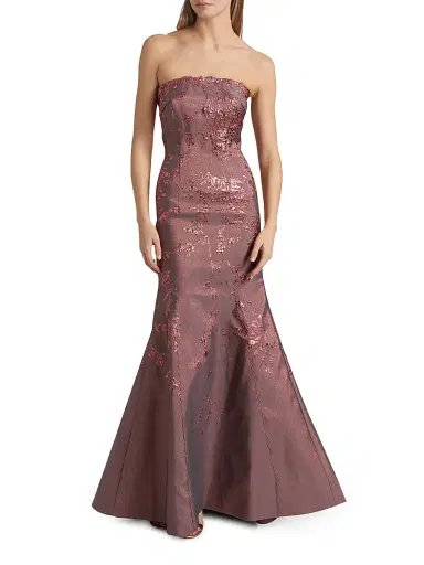 Rene Ruiz Collection Women's Floral Brocade Strapless Fit & Flare Gown - Coral - Size 14 | Thumbnail 2 Rene Ruiz Collection Women's Floral Brocade Strapless Fit & Flare Gown - Coral - Size 14 | Thumbnail 2