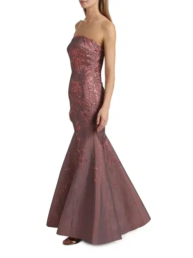 Rene Ruiz Collection Women's Floral Brocade Strapless Fit & Flare Gown - Coral - Size 14 | Thumbnail 4 Rene Ruiz Collection Women's Floral Brocade Strapless Fit & Flare Gown - Coral - Size 14 | Thumbnail 4