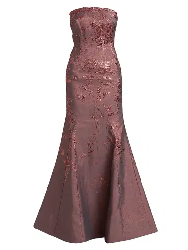 Rene Ruiz Collection Women's Floral Brocade Strapless Fit & Flare Gown - Coral - Size 14 | Thumbnail 1 Rene Ruiz Collection Women's Floral Brocade Strapless Fit & Flare Gown - Coral - Size 14 | Thumbnail 1
