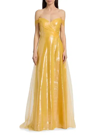 Rene Ruiz Collection Women's Draped Off-The-Shoulder Tulle Gown - Gold - Size 12 | Thumbnail 3