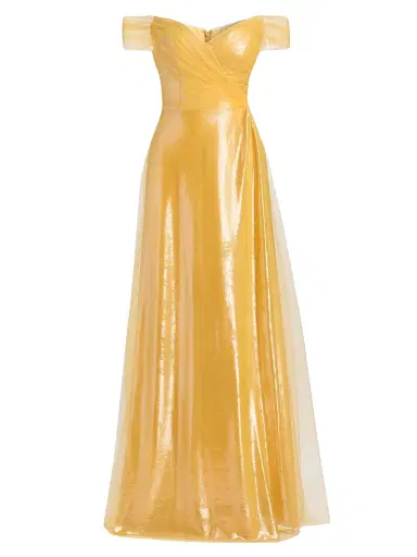 Rene Ruiz Collection Women's Draped Off-The-Shoulder Tulle Gown - Gold - Size 12 | Thumbnail 1