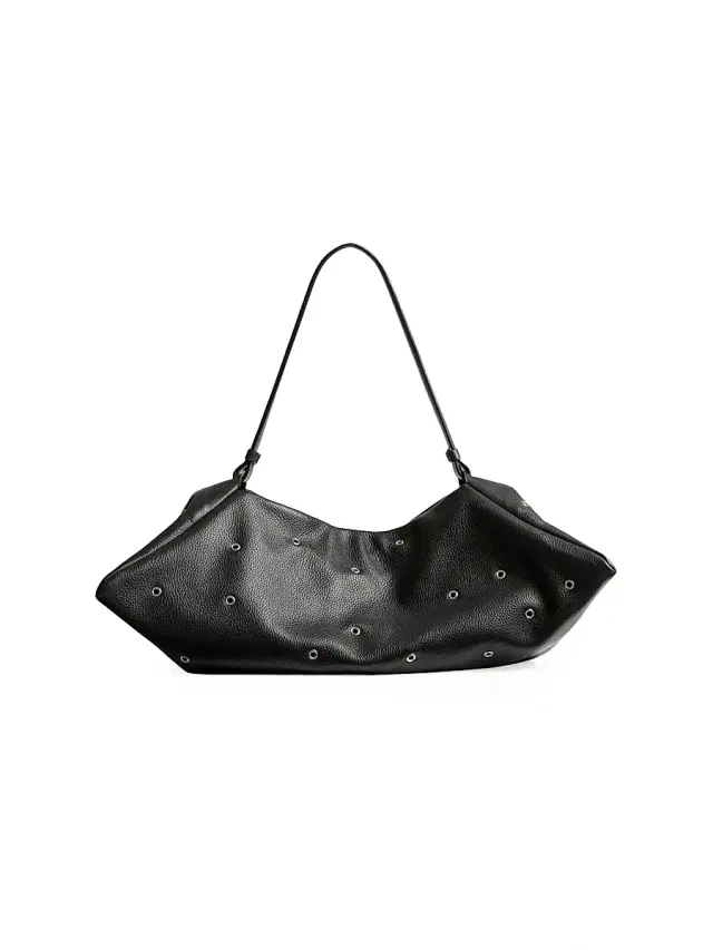 Women's Origami Grommeted Leather Shoulder Bag - Black Silver
