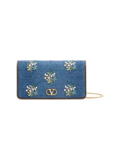 Valentino Garavani Women's VLogo Signature Mini Shoulder Bag in Denim with Floral Embroidery - Denim | Thumbnail 1 Valentino Garavani Women's VLogo Signature Mini Shoulder Bag in Denim with Floral Embroidery - Denim | Thumbnail 1