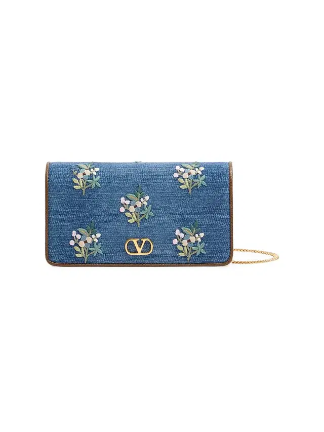 Valentino Garavani Women's VLogo Signature Mini Shoulder Bag in Denim with Floral Embroidery - Denim