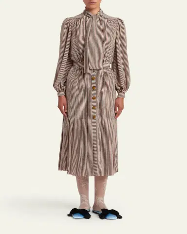 Valentino Garavani Striped Neck-Scarf Balloon-Sleeve Midi Shirtdress | Thumbnail 2 Valentino Garavani Striped Neck-Scarf Balloon-Sleeve Midi Shirtdress | Thumbnail 2