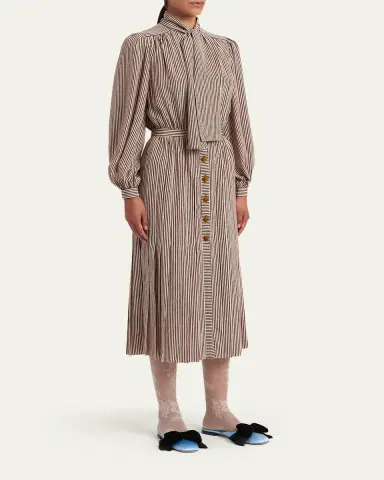 Valentino Garavani Striped Neck-Scarf Balloon-Sleeve Midi Shirtdress | Thumbnail 4 Valentino Garavani Striped Neck-Scarf Balloon-Sleeve Midi Shirtdress | Thumbnail 4