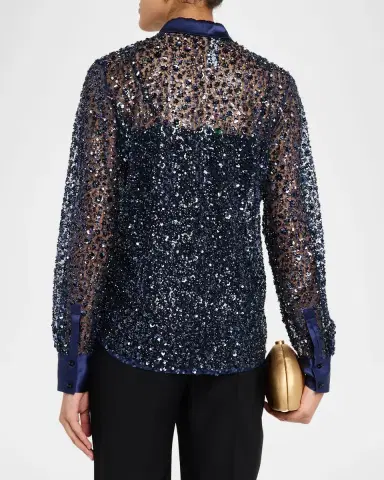 PRABAL GURUNG Sequined Tulle Slim-Fit Button-Down Shirt | Thumbnail 7