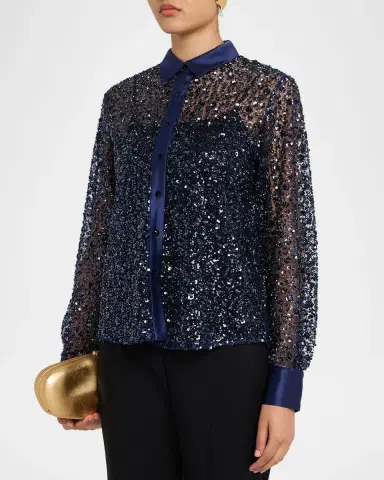 PRABAL GURUNG Sequined Tulle Slim-Fit Button-Down Shirt | Thumbnail 8