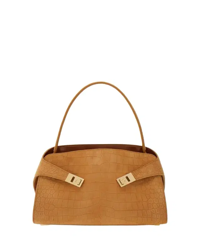 Ferragamo Hug Croc-Embossed Suede Shoulder Bag