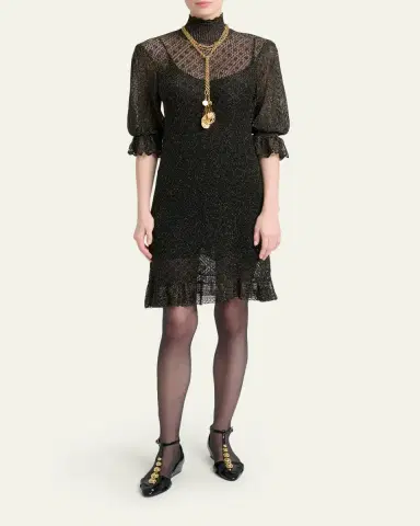 Chloé Turtleneck Metallic Open Knit Puff-Sleeve Dress | Thumbnail 2