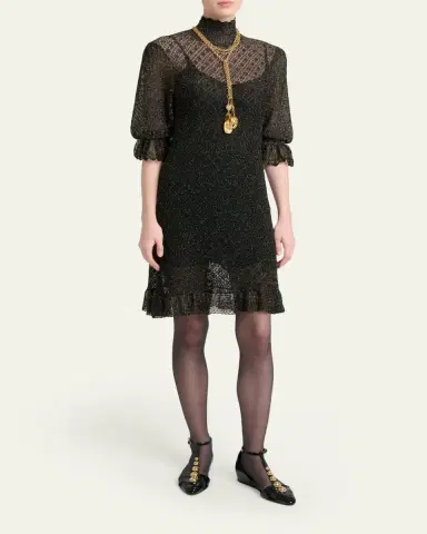 Chloé Turtleneck Metallic Open Knit Puff-Sleeve Dress | Thumbnail 4