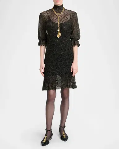 Chloé Turtleneck Metallic Open Knit Puff-Sleeve Dress | Thumbnail 6
