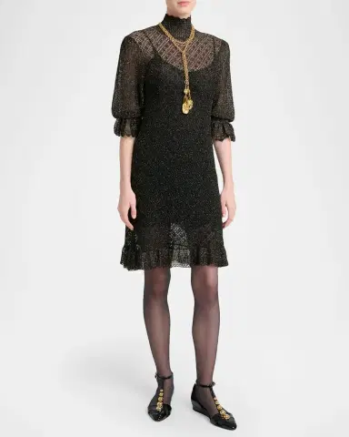 Chloé Turtleneck Metallic Open Knit Puff-Sleeve Dress | Thumbnail 8