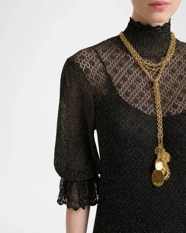 Chloé Turtleneck Metallic Open Knit Puff-Sleeve Dress | Thumbnail 9